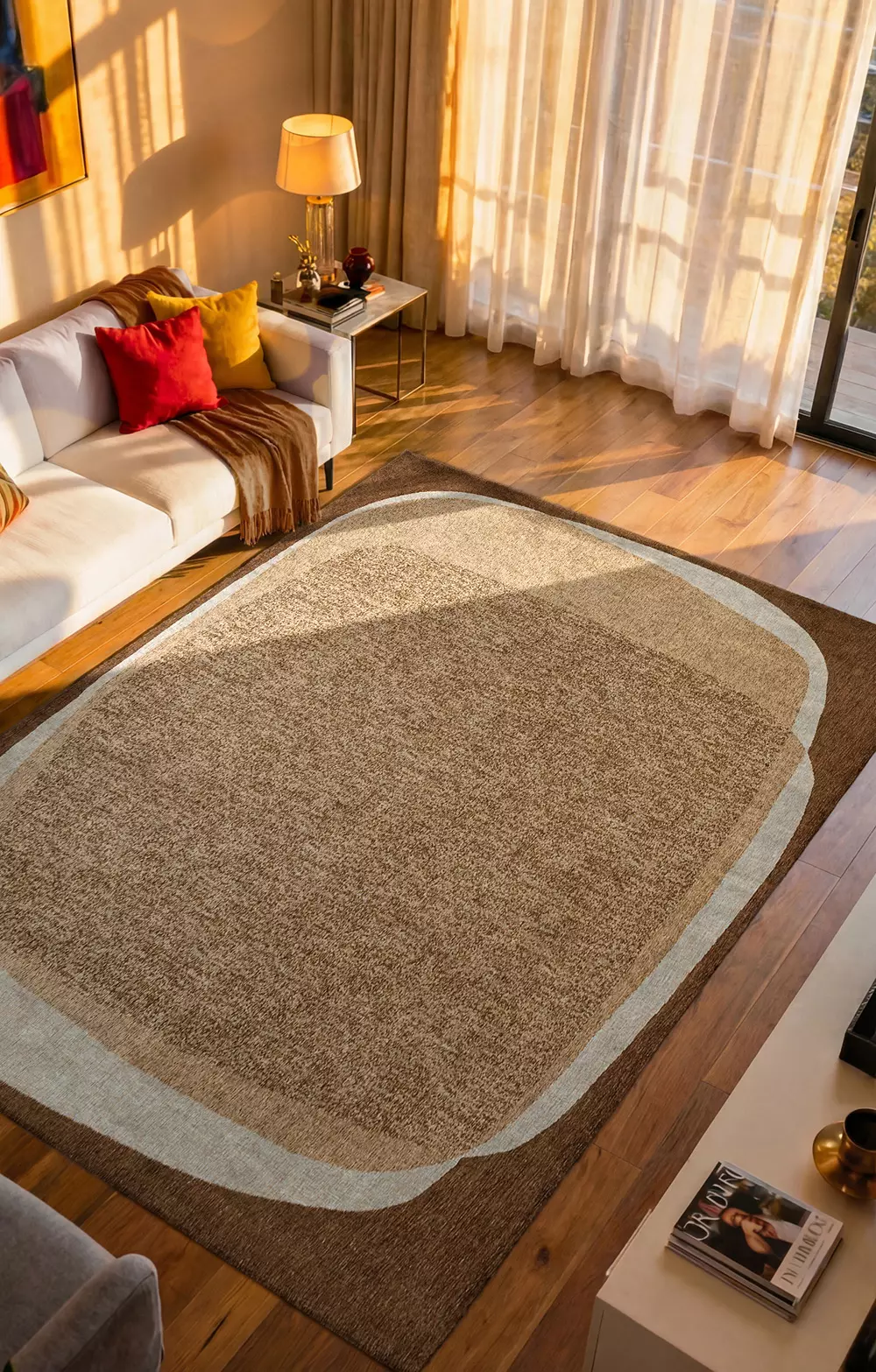 DYWAN Marble Oak prostokątny, tkany na płasko, przyjazny alergikom oraz zwierzętom, beżowo-brązowa kolorystyka, piękny