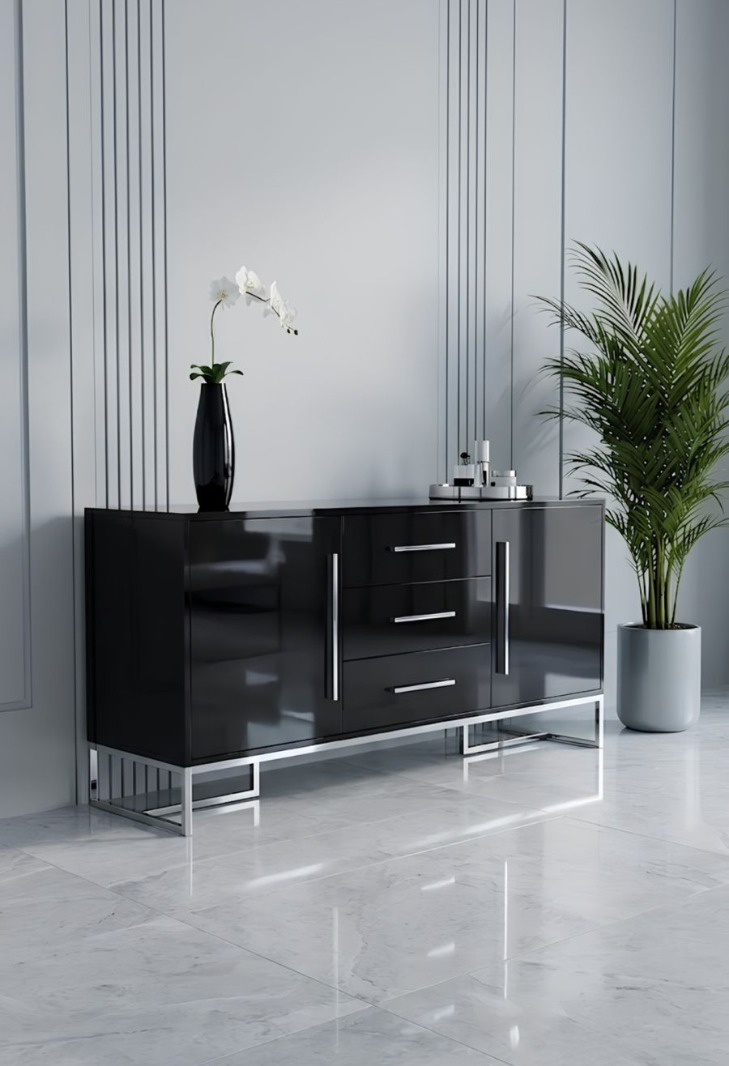 KOMODA Espiro Nero Silver czarna ze srebrnymi, błyszczącymi metalowymi detalami, 2-drzwiowa z 3 szufladami, nowoczesny styl KOMODA Espiro Nero Silver czarna ze srebrnymi, błyszczącymi metalowymi detalami, 2-drzwiowa z 3 szufladami, nowoczesny styl