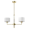 LAMPA WISZĄCA Sutton z 2 źródłami światła, metalowa, mosiężna oprawa, kryształowe detale, białe abażury, nowoczesny styl, piękna