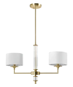 LAMPA WISZĄCA Sutton z 2 źródłami światła, metalowa, mosiężna oprawa, kryształowe detale, białe abażury, nowoczesny styl, piękna