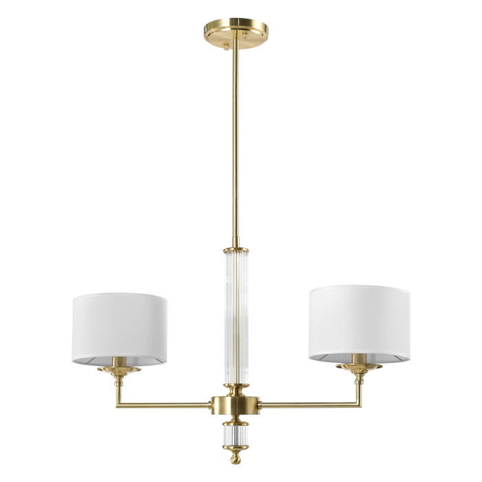 LAMPA WISZĄCA Sutton z 2 źródłami światła, metalowa, mosiężna oprawa, kryształowe detale, białe abażury, nowoczesny styl, piękna