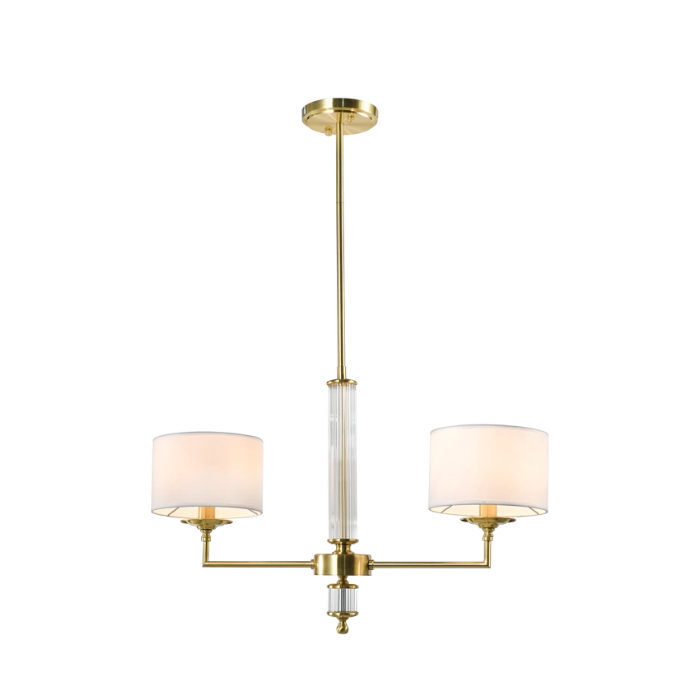 LAMPA WISZĄCA Sutton z 2 źródłami światła, metalowa, mosiężna oprawa, kryształowe detale, białe abażury, nowoczesny styl LAMPA WISZĄCA Sutton z 2 źródłami światła, metalowa, mosiężna oprawa, kryształowe detale, białe abażury, nowoczesny styl