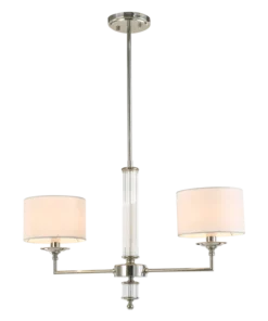 LAMPA WISZĄCA Sutton z 2 źródłami światła, metalowa, oprawa w kolorze błyszczącego niklu, kryształowe detale, białe abażury, nowoczesny styl