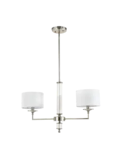 LAMPA WISZĄCA Sutton z 2 źródłami światła, metalowa, oprawa w kolorze błyszczącego niklu, kryształowe detale, białe abażury, nowoczesny styl, piękna