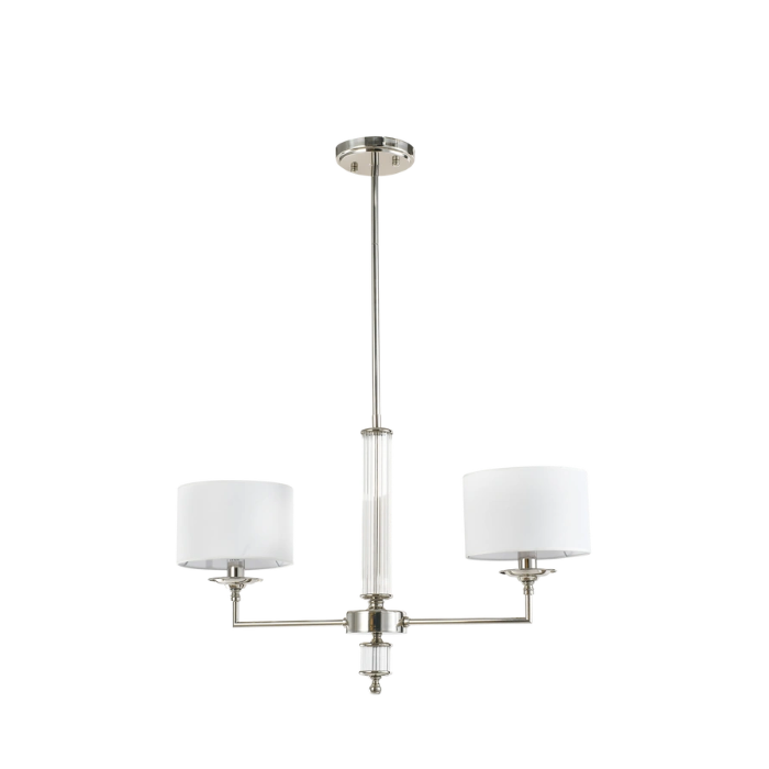 LAMPA WISZĄCA Sutton z 2 źródłami światła, metalowa, oprawa w kolorze błyszczącego niklu, kryształowe detale, białe abażury, nowoczesny styl, piękna