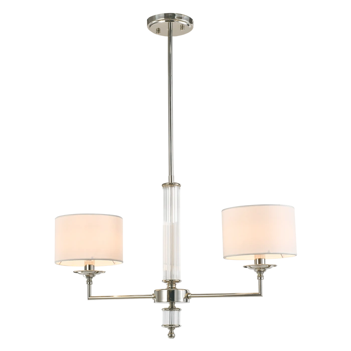 LAMPA WISZĄCA Sutton z 2 źródłami światła, metalowa, oprawa w kolorze błyszczącego niklu, kryształowe detale, białe abażury, nowoczesny styl