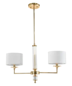 LAMPA WISZĄCA Sutton z 2 źródłami światła, metalowa, złota błyszcząca oprawa, kryształowe detale, białe abażury, nowoczesny styl, piękna