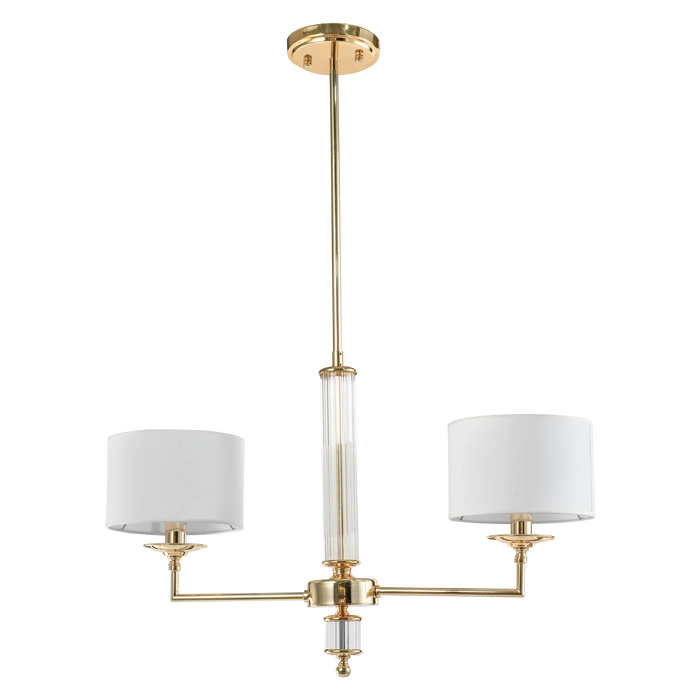 LAMPA WISZĄCA Sutton z 2 źródłami światła, metalowa, złota błyszcząca oprawa, kryształowe detale, białe abażury, nowoczesny styl, piękna