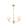 LAMPA WISZĄCA Sutton z 2 źródłami światła, metalowa, złota błyszcząca oprawa, kryształowe detale, białe abażury, nowoczesny styl