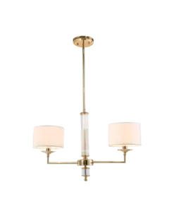 LAMPA WISZĄCA Sutton z 2 źródłami światła, metalowa, złota błyszcząca oprawa, kryształowe detale, białe abażury, nowoczesny styl