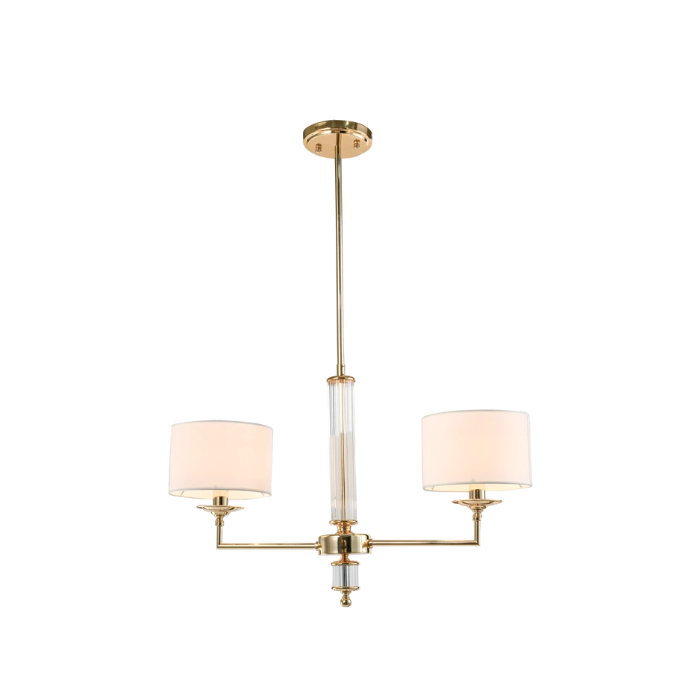 LAMPA WISZĄCA Sutton z 2 źródłami światła, metalowa, złota błyszcząca oprawa, kryształowe detale, białe abażury, nowoczesny styl
