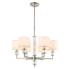 LAMPA WISZĄCA Sutton z 6 źródłami światła, metalowa, oprawa w kolorze błyszczącego niklu, kryształowe detale, białe abażury, nowoczesny styl