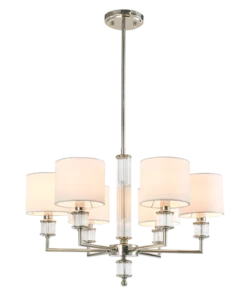 LAMPA WISZĄCA Sutton z 6 źródłami światła, metalowa, oprawa w kolorze błyszczącego niklu, kryształowe detale, białe abażury, nowoczesny styl