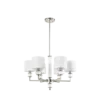 LAMPA WISZĄCA Sutton z 6 źródłami światła, metalowa, oprawa w kolorze błyszczącego niklu, kryształowe detale, białe abażury, nowoczesny styl, piękny