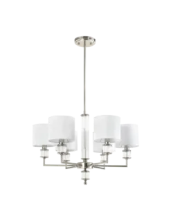 LAMPA WISZĄCA Sutton z 6 źródłami światła, metalowa, oprawa w kolorze błyszczącego niklu, kryształowe detale, białe abażury, nowoczesny styl, piękny