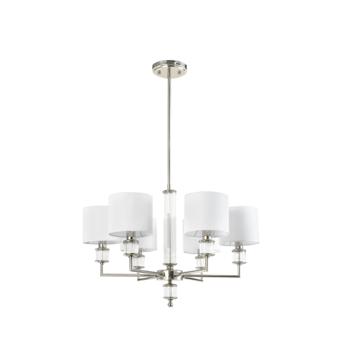 LAMPA WISZĄCA Sutton z 6 źródłami światła, metalowa, oprawa w kolorze błyszczącego niklu, kryształowe detale, białe abażury, nowoczesny styl, piękny