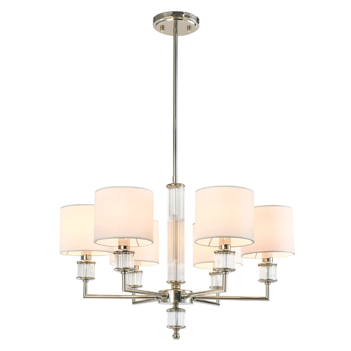 LAMPA WISZĄCA Sutton z 6 źródłami światła, metalowa, oprawa w kolorze błyszczącego niklu, kryształowe detale, białe abażury, nowoczesny styl