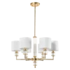 LAMPA WISZĄCA Sutton z 6 źródłami światła, metalowa, złota błyszcząca oprawa, kryształowe detale, białe abażury, nowoczesny styl, piękna