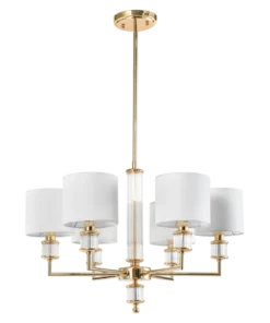 LAMPA WISZĄCA Sutton z 6 źródłami światła, metalowa, złota błyszcząca oprawa, kryształowe detale, białe abażury, nowoczesny styl, piękna