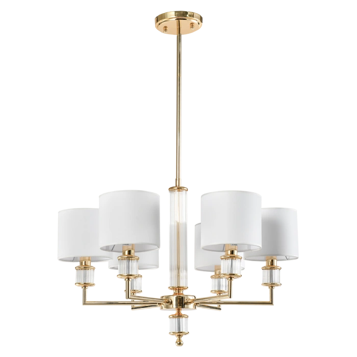 LAMPA WISZĄCA Sutton z 6 źródłami światła, metalowa, złota błyszcząca oprawa, kryształowe detale, białe abażury, nowoczesny styl, piękna