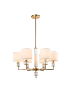 LAMPA WISZĄCA Sutton z 6 źródłami światła, metalowa, złota błyszcząca oprawa, kryształowe detale, białe abażury, nowoczesny styl