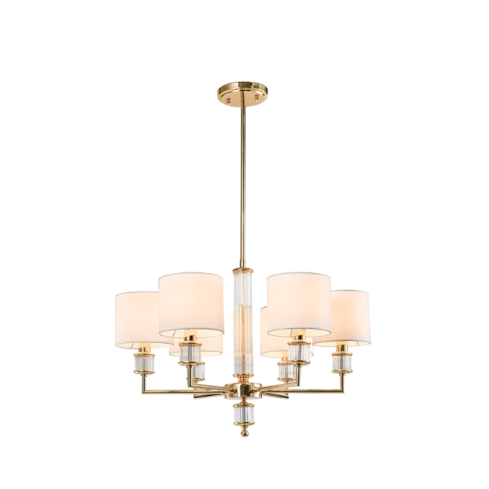 LAMPA WISZĄCA Sutton z 6 źródłami światła, metalowa, złota błyszcząca oprawa, kryształowe detale, białe abażury, nowoczesny styl