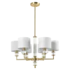 LAMPA WISZĄCA Sutton z 6 źródłami światła, metalowa, złota oprawa, kryształowe detale, białe abażury, nowoczesny styl, piękna