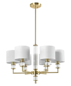 LAMPA WISZĄCA Sutton z 6 źródłami światła, metalowa, złota oprawa, kryształowe detale, białe abażury, nowoczesny styl, piękna