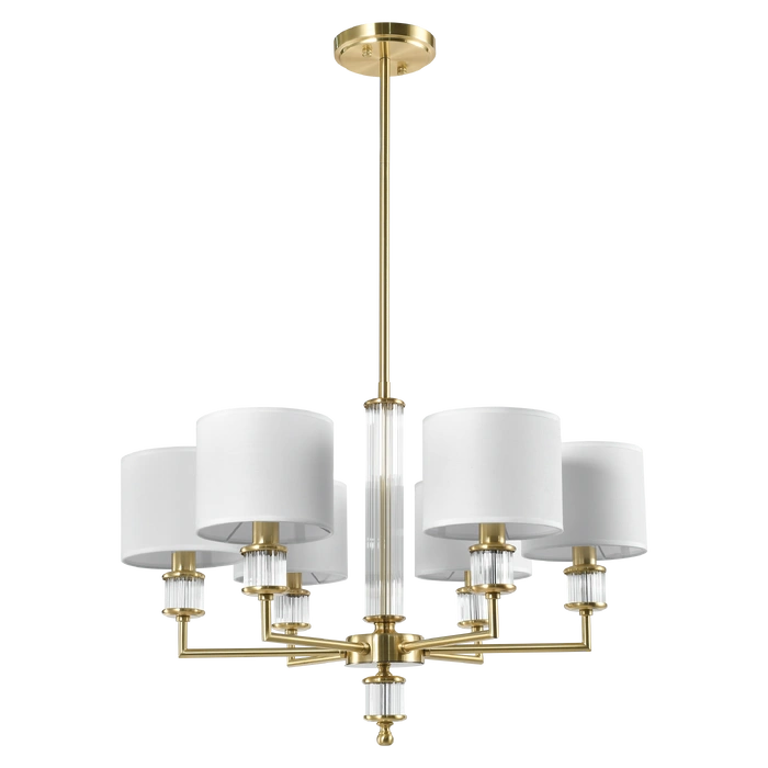 LAMPA WISZĄCA Sutton z 6 źródłami światła, metalowa, złota oprawa, kryształowe detale, białe abażury, nowoczesny styl, piękna