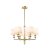 LAMPA WISZĄCA Sutton z 6 źródłami światła, metalowa, złota oprawa, kryształowe detale, białe abażury, nowoczesny styl
