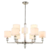 LAMPA WISZĄCA Sutton z 9 źródłami światła, metalowa, oprawa w kolorze błyszczącego niklu, kryształowe detale, białe abażury, nowoczesny styl