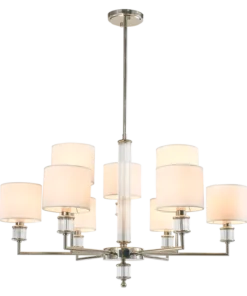 LAMPA WISZĄCA Sutton z 9 źródłami światła, metalowa, oprawa w kolorze błyszczącego niklu, kryształowe detale, białe abażury, nowoczesny styl