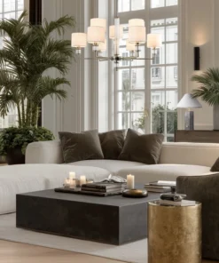 LAMPA WISZĄCA Sutton z 9 źródłami światła, metalowa, oprawa w kolorze błyszczącego niklu, kryształowe detale, białe abażury, nowoczesny styl, piękna