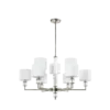 LAMPA WISZĄCA Sutton z 9 źródłami światła, metalowa, oprawa w kolorze błyszczącego niklu, kryształowe detale, białe abażury, nowoczesny styl, wyjątkowa