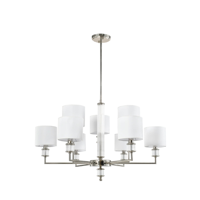 LAMPA WISZĄCA Sutton z 9 źródłami światła, metalowa, oprawa w kolorze błyszczącego niklu, kryształowe detale, białe abażury, nowoczesny styl, wyjątkowa