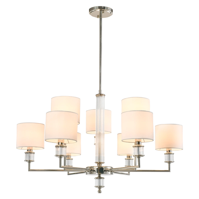 LAMPA WISZĄCA Sutton z 9 źródłami światła, metalowa, oprawa w kolorze błyszczącego niklu, kryształowe detale, białe abażury, nowoczesny styl