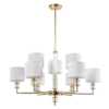LAMPA WISZĄCA Sutton z 9 źródłami światła, metalowa, złota błyszcząca oprawa, kryształowe detale, białe abażury, nowoczesny styl, piękny LAMPA WISZĄCA Sutton z 9 źródłami światła, metalowa, złota błyszcząca oprawa, kryształowe detale, białe abażury, nowoczesny styl, piękny