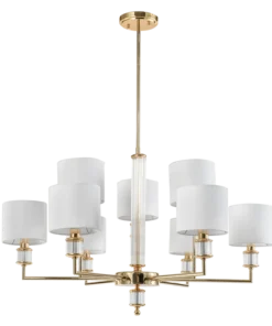 LAMPA WISZĄCA Sutton z 9 źródłami światła, metalowa, złota błyszcząca oprawa, kryształowe detale, białe abażury, nowoczesny styl, piękny