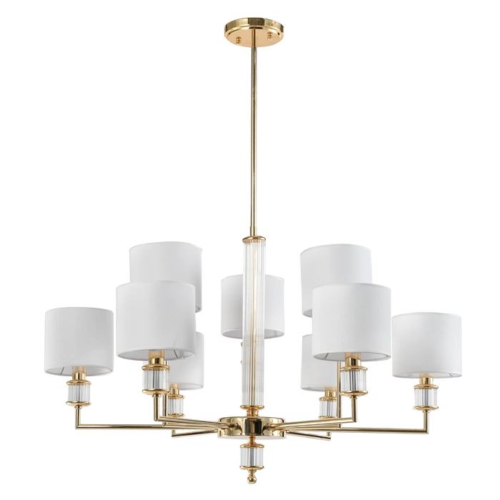 LAMPA WISZĄCA Sutton z 9 źródłami światła, metalowa, złota błyszcząca oprawa, kryształowe detale, białe abażury, nowoczesny styl, piękny LAMPA WISZĄCA Sutton z 9 źródłami światła, metalowa, złota błyszcząca oprawa, kryształowe detale, białe abażury, nowoczesny styl, piękny
