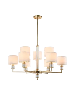 LAMPA WISZĄCA Sutton z 9 źródłami światła, metalowa, złota błyszcząca oprawa, kryształowe detale, białe abażury, nowoczesny styl