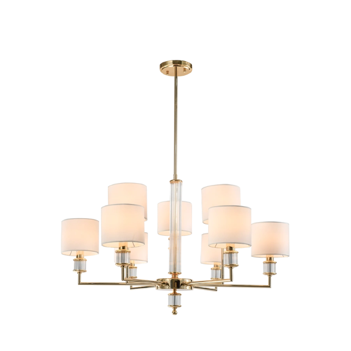 LAMPA WISZĄCA Sutton z 9 źródłami światła, metalowa, złota błyszcząca oprawa, kryształowe detale, białe abażury, nowoczesny styl LAMPA WISZĄCA Sutton z 9 źródłami światła, metalowa, złota błyszcząca oprawa, kryształowe detale, białe abażury, nowoczesny styl