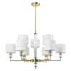 LAMPA WISZĄCA Sutton z 9 źródłami światła, metalowa, złota oprawa, kryształowe detale, białe abażury, nowoczesny styl, ekskluzywna