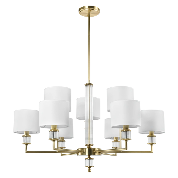 LAMPA WISZĄCA Sutton z 9 źródłami światła, metalowa, złota oprawa, kryształowe detale, białe abażury, nowoczesny styl, ekskluzywna