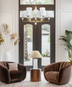 LAMPA WISZĄCA Sutton z 9 źródłami światła, metalowa, złota oprawa, kryształowe detale, białe abażury, nowoczesny styl, piękna