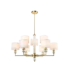 LAMPA WISZĄCA Sutton z 9 źródłami światła, metalowa, złota oprawa, kryształowe detale, białe abażury, nowoczesny styl