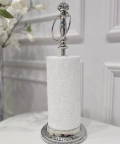 STOJAK na ręcznik papierowy, metalowy, srebrny, kryształowe, dekoracyjne detale, uchwyt do przenoszenia, premium