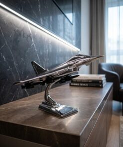 FIGURKA DEKORACYJNA srebrna, błyszcząca, model samolotu Eurofighter Typhoon, prezent dla miłośników lotnictwa