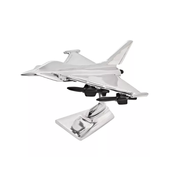 FIGURKA DEKORACYJNA srebrna, błyszcząca, model samolotu Eurofighter Typhoon, prezent dla miłośników lotnictwa