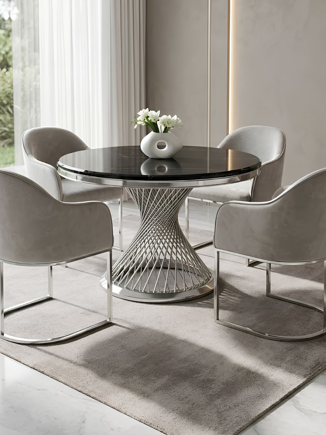 STÓŁ Emporio okrągły, blat ze sztucznego marmuru, srebrna, błyszcząca zakręcona, designerska podstawa, klasyczny glamour - 110 cm