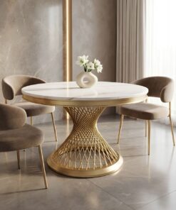 STÓŁ Emporio okrągły, blat ze sztucznego marmuru, zakręcona, designerska podstawa w złotym szczotkowanym wykończeniu, klasyczny glamour